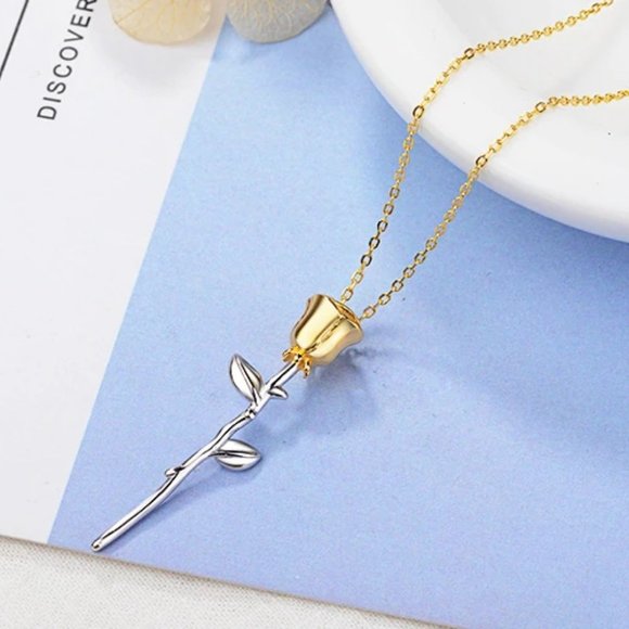 NEW 925 Sterling Silver Two  Tone Rose Necklace A5 - Picture 3 of 7